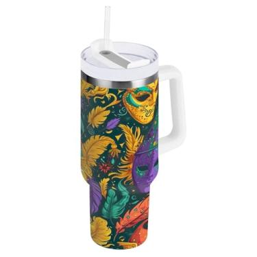 Imagem de Blueangle Copo isolado com padrão de máscaras de carnaval de 850 g com alça e tampa de palha, caneca de viagem reutilizável de aço inoxidável (24)