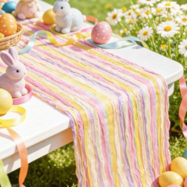 Imagem de Caminho de mesa de pano de queijo de malha listrada colorida, caminho de mesa rústico boho de tecido transparente, decoração de primavera para festa de Páscoa, casamento, chá de bebê, casa, jantar