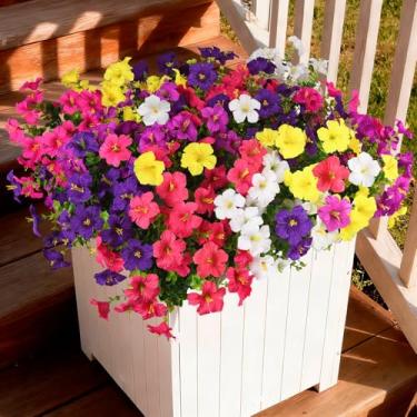 Imagem de INQCMY Flores artificiais de plantas falsas para decoração de primavera ao ar livre, 12 pacotes de glória da manhã colorida de seda sintética com eucalipto resistente a UV realista para plantador