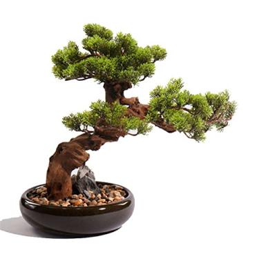 Imagem de Plantas falsas de pinheiro bonsai artificial de 43 cm, exibição de plantas artificiais em vaso de mesa, árvore falsa com ornamentos de vaso de flores de cerâmica, decoração de plantas de bonsai