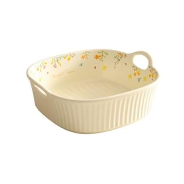 Imagem de x3anggyt5 Assadeira para forno doméstico, prato de cozimento de cerâmica de alta temperatura, tigela de cozimento de queijo, prato de jantar de grande capacidade, caçarola para forno (bege)