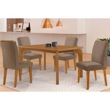 Imagem de Conjunto Sala de Jantar Londrina c/ Tampo Madeirado Canto Curvo 120x90cm e 4 Cadeiras Dakota Madeira Maciça Naturale - Capuccino/Suede Capuccino-Rufat