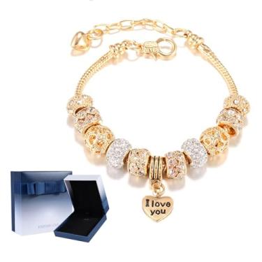 Imagem de LOMISS PULSEIRA FEMININA DOURADA COM PINGENTE EM FORMATO CORAÇÃO FEITA EM LIGA METÁLICA COM CONTAS GRANDES MODERNA E VERSÁTIL CONJUNTO DE PRESENTE (Caixa 2)