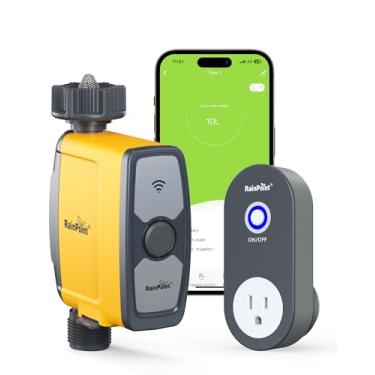 Imagem de RAINPOINT Temporizador de água WiFi, temporizador de mangueira inteligente para mangueira de jardim com aplicativo e controle de voz, sistema de irrigação automático baseado no clima para gramado e