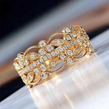 Imagem de Anéis vazados de zircônia cúbica banhados a ouro para mulheres estilo retrô cortês joias femininas joias finas para casais namoro decoração para formatura, 7, Liga de aço, Zircônia cúbica