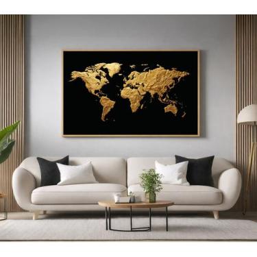 Imagem de Quadros Decorativos com Moldura Mapa Mundi Dourado para Sala Quarto e 