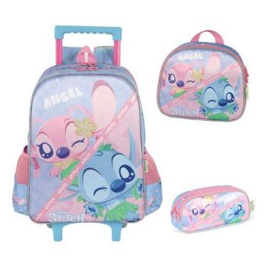 Imagem de Kit Mochila Rodinhas E Costas Lancheira Estojo Stitch Angel - - Luxcel