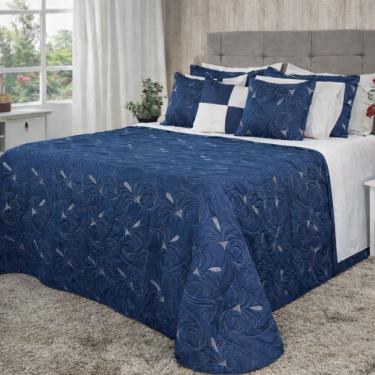 Imagem de Kit Cobre Leito Colcha Diamante Queen 5 Peças Bordado Floral Dupla Face 180 Fios - Azul...