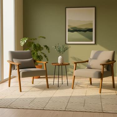 Imagem de Kit 2 Poltrona Aurora Linho Acompanha Almofada Decorativa Madeira Maciça Sala De Estar