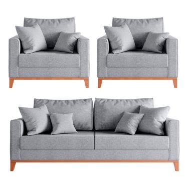 Imagem de Kit Sofá 2 Lugares E 2 Poltronas Beny Com Base De Madeira Linho Cinza