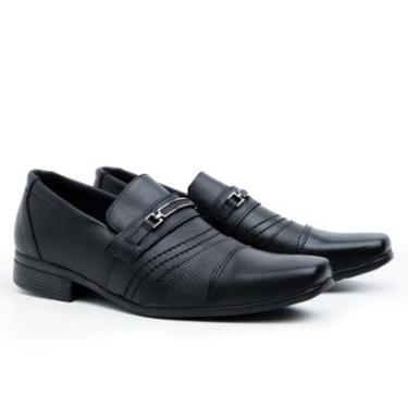 Imagem de Sapato Social Masculino em Couro Bico Fino Elástico Calçar Slip On Trabalho Festa Quadr...