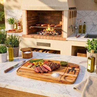Imagem de Kit Churrasco Tabua Garfo Trinchante Teca Artesanal Carve & Co