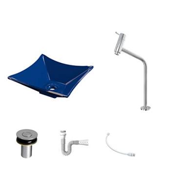 Imagem de Kit Cuba L30 C/Torneira Link 1062 Metal + Válvula Click 1''B (2,6cm) + Sifão Pvc + Flexível Azul Escuro