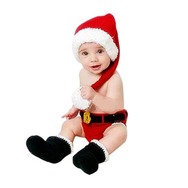 Imagem de IKASEFU Roupas para fotos de recém-nascidos para bebês meninos e meninas, fantasia de Natal crochê gorro de Papai Noel recém-nascido + shorts + botas conjunto de fantasia de Natal recém-nascido