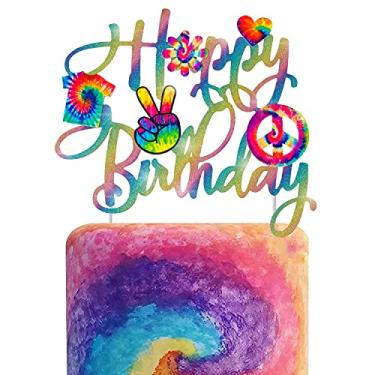Imagem de Tie Dye enfeite de bolo de feliz aniversário tie dye decoração de festa para carnaval artigos de festa tema hippie festa descolada suprimentos para chá de bebê