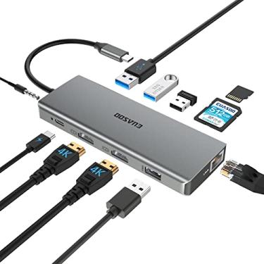 Imagem de Adaptador USB C Hub USB, EUASOO 11 em 1, estação de ancoragem C, tripla tela, USB C, com 2 portas HDMI 4K/Gigabit Ethernet/PD 3.0/4 USB, compatível apenas com MacBook/USB C Laptops,