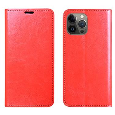 Imagem de YINGDAFENG Capa carteira para iPhone 14/14 Pro/14 Plus/14 Pro Max, capa flip de couro genuíno de vaca com suporte de cartão de crédito função de suporte capa fina de ajuste, vermelha, 14 6,1 polegadas