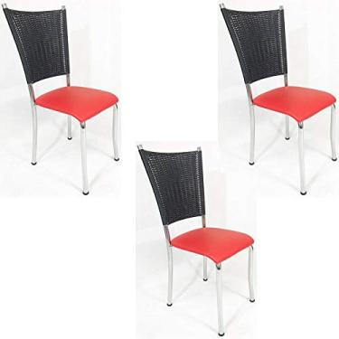 Imagem de Kit 2 Cadeiras de Cozinha Cromada Fibra Sintética Preta Assento Vermelho - Poltronas do Sul