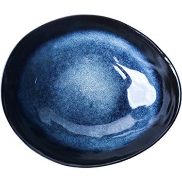 Imagem de JLXZHOME Tigela de sopa de cerâmica, tigela grande, formato azul escuro, irregular, criativa, retrô, prato de salada de frutas