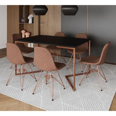 Imagem de Mesa Industrial Retangular Preta Base V Cobre 137x90cm C/ 6 Cadeiras Estofadas Caramelo Eames Cobre 