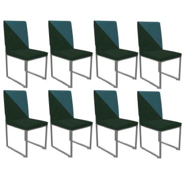 Imagem de Kit 08 Cadeira Stan Duo Sala De Jantar Ferro Prata Suede Verde E Azul Turquesa - Amey Decor