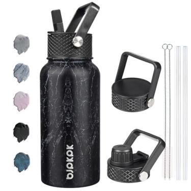 Imagem de BJPKPK Garrafas de água isoladas com tampa de palha, garrafa de água de aço inoxidável de 765 g com 3 tampas, garrafa térmica de metal à prova de vazamento livre de BPA, canecas, copos, mantenha frio