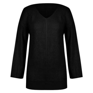 Imagem de Vestido feminino de cor sólida solto casual gola V comprimento médio suéter vestido maxi tule, Preto, P