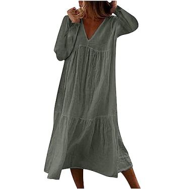Imagem de Vestido feminino casual solto com decote em V e manga comprida vestido de praia vestido de amamentação para mulheres, Cinza, XXG