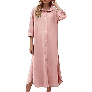 Imagem de Vestido feminino de algodão e linho, casual, solto, cor sólida, vestidos preppy, rosa, XXG