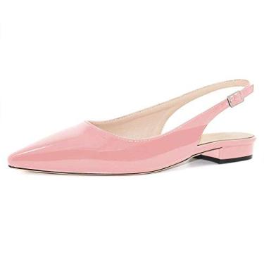 Imagem de Fericzot Sapatos femininos sensuais sandálias de bico fino salto baixo quadrado fivela Drees Flat Shoes Plus Size, Rosa - patente, 7