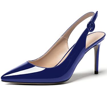 Imagem de WAYDERNS Salto alto stiletto feminino com fivela de couro envernizado sólido bico fino 9,9 cm, Azul royal, 5