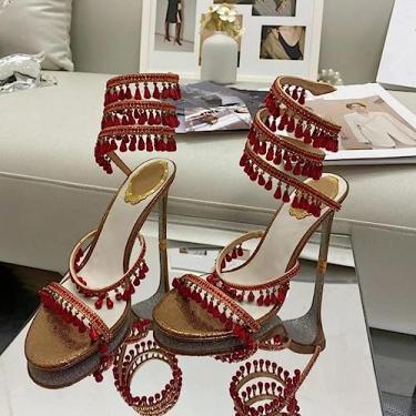 Imagem de Sandálias de cristal com diamantes cruzados para mulheres salto agulha moda slides verão feminino sapato social aberto dedo do pé