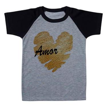Imagem de Camiseta Raglan Infantil Cinza CORACAO DOURADO AMOR (BR, Numérico, 2, Regular, Polialgodão)
