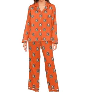 Imagem de JUNZAN Conjunto de pijama feminino personalizado com rosto manga longa dia dos namorados cetim lounge pijama feminino pijama feminino pijama, Laranja, vermelho, G