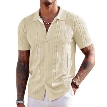 Imagem de COOFANDY Camisas de malha masculinas manga curta camisa polo botão moda casual verão praia camisas, Creme, G