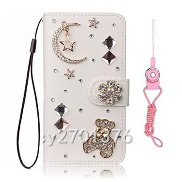 Imagem de HFICY Capa de telefone brilhante com 2 protetores de tela de vidro Pakc e cordão, capa de telefone carteira de couro brilhante feminina com suporte de filo (urso branco-lua, para Moto G62 5G)