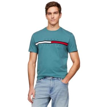 Imagem de TOMMY HILFIGER Camiseta masculina de gola redonda bordada com bandeira de modelagem regular coleção 2024, Oceano azul-petróleo., XXG