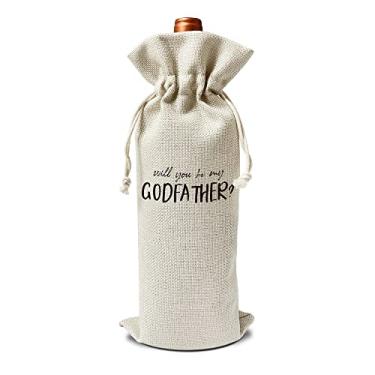 Imagem de Sacos de presente de vinho Godfather - presente para padrinho, tio, padrinho, batismo - estopa reutilizável com cordão para presente (14 cm x 34 cm) - 1 peça/jiu066