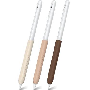 Imagem de NIUTRENDZ Pacote com 3 empunhadura de silicone para Apple Pencil 2ª geração e Apple Pencil (USB-C) com design ergonômico capa protetora (bege + cáqui + marrom)