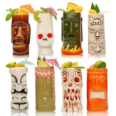 Imagem de LEMONSODA Copos Tiki havaianos de cerâmica - Conjunto de 8 - Canecas Tiki tropicais para coquetéis, utensílios de bar e decoração Luau