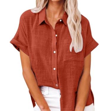 Imagem de Camiseta feminina de linho de verão cor sólida, blusas de manga curta, gola V, botões, plus size, túnica confortável, Vermelho, GG