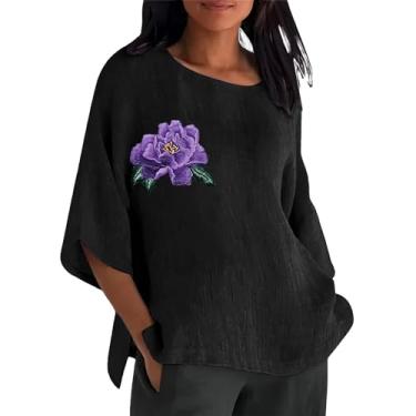 Imagem de Camiseta feminina casual manga curta gola redonda estampa floral algodão linho 4X top feminino, Preto, GG