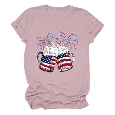 Imagem de PKDong 4th of July Outfit for Women Crew Neck Short Sleeve Independent Day Beer Cups Impresso Camiseta Gráfica para Mulheres, Marrom, rosa, P