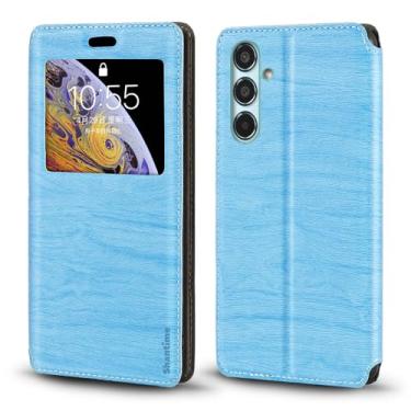 Imagem de Capa para Samsung Galaxy M35 5G, capa de couro de grão de madeira com suporte para cartão e janela, capa flip magnética para Samsung Galaxy M35 5G (6,6 polegadas) azul celeste