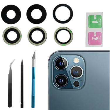 Imagem de Conjunto de 3 peças/conjunto de lentes de vidro da câmera traseira safira para iPhone 12 Pro Max com adesivo pré-instalado e kit de ferramentas de reparo