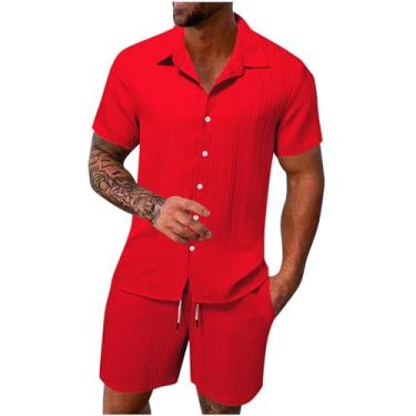 Imagem de Generic Conjunto de shorts masculinos de linho de renda para verão outono combinando com 2 peças, camisetas e shorts masculinos 2024, B-284 Vermelho, 3G