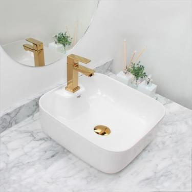 Imagem de Kit Cuba Pia Louça Cerâmica Banheiro C/ Torn e Vál Dourada 7 - Smart N