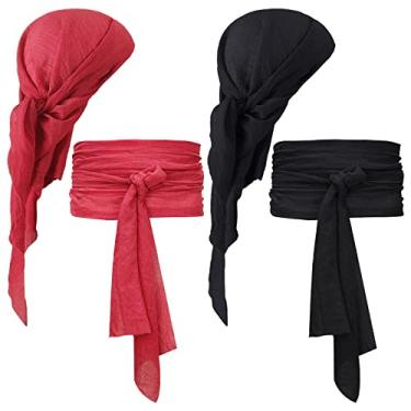 Imagem de Newcotte 4 peças fantasia de pirata de Halloween masculino feminino chapéu de pirata faixa cinto cabeça cachecol bandana Halloween acessórios cosplay, Preto, vermelho, tamanho �nico