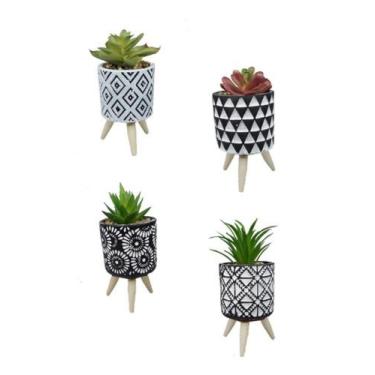 Imagem de Kit 4 Suculentas Artificiais Vasinhos C/ Pé Vaso De Cimento - Coisaria