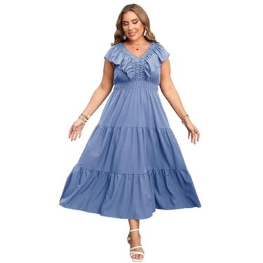 Imagem de ShopWonder Vestido longo sem mangas plus size para mulheres, gola V, babados, elegante, casual, modesto, floral, vestido de verão, Azul, 5G